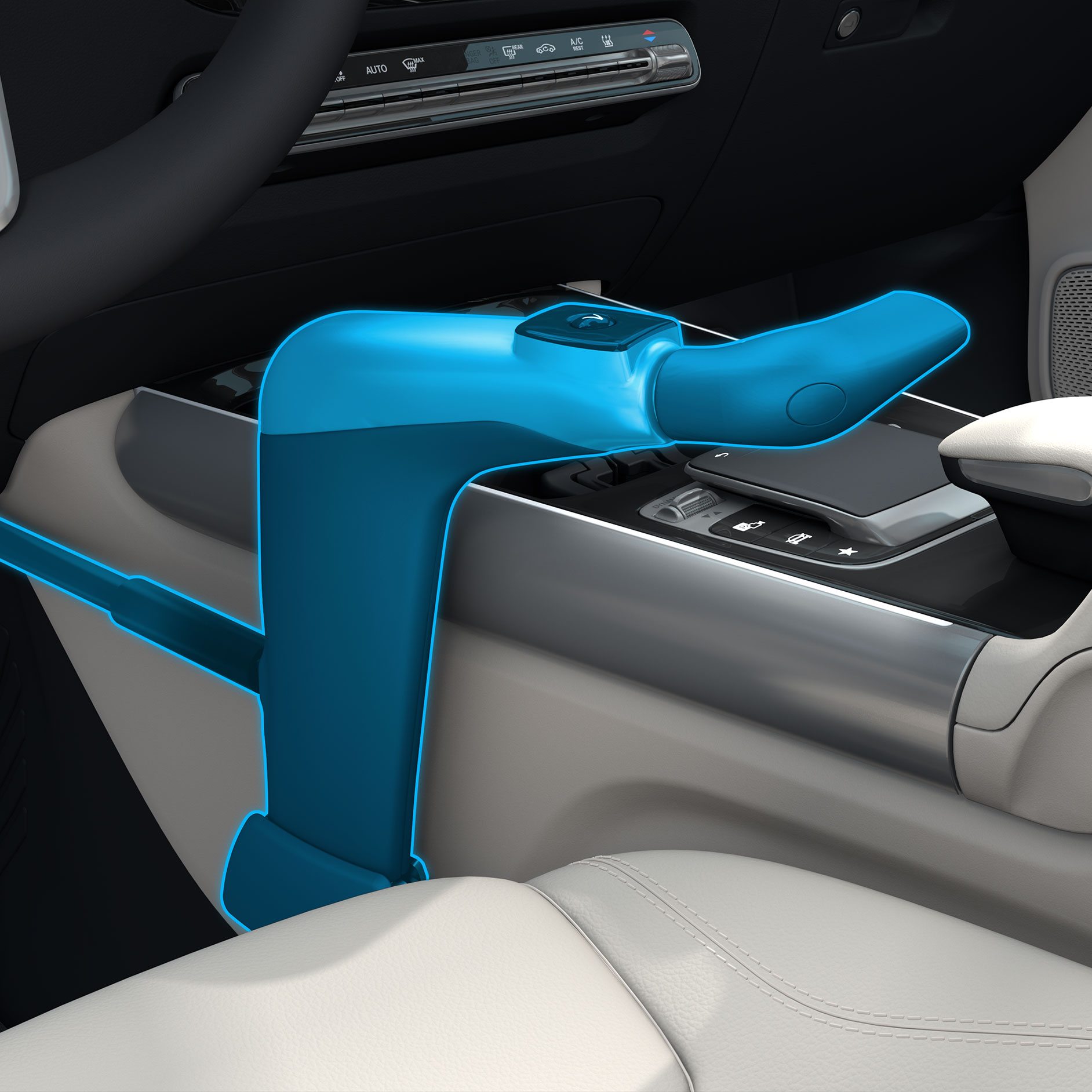 Zařízení pro ruční ovládání Classic | Pomůcky pro jízdu | Mercedes-Benz Detailní pohled na zařízení pro ruční ovládání Classic v kombinaci s vozidlem vhodným pro invalidy.