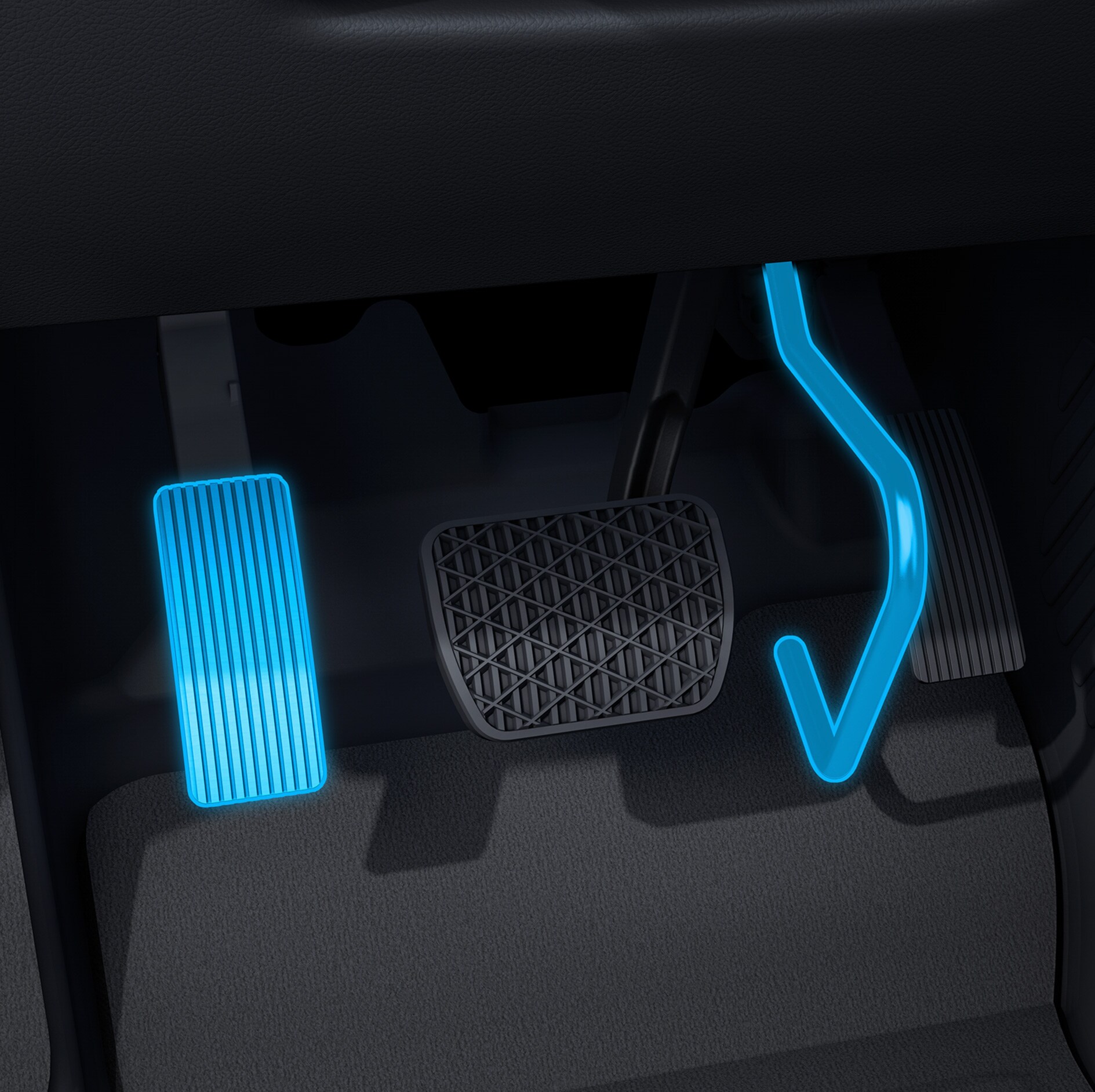 Přemístění pedálu akcelerace (elektronické) | Pomůcky pro jízdu | Mercedes-Benz Detailní pohled na pedál akcelerace přemístěný doleva (elektronicky) v kombinaci s vozidlem vhodným pro invalidy.