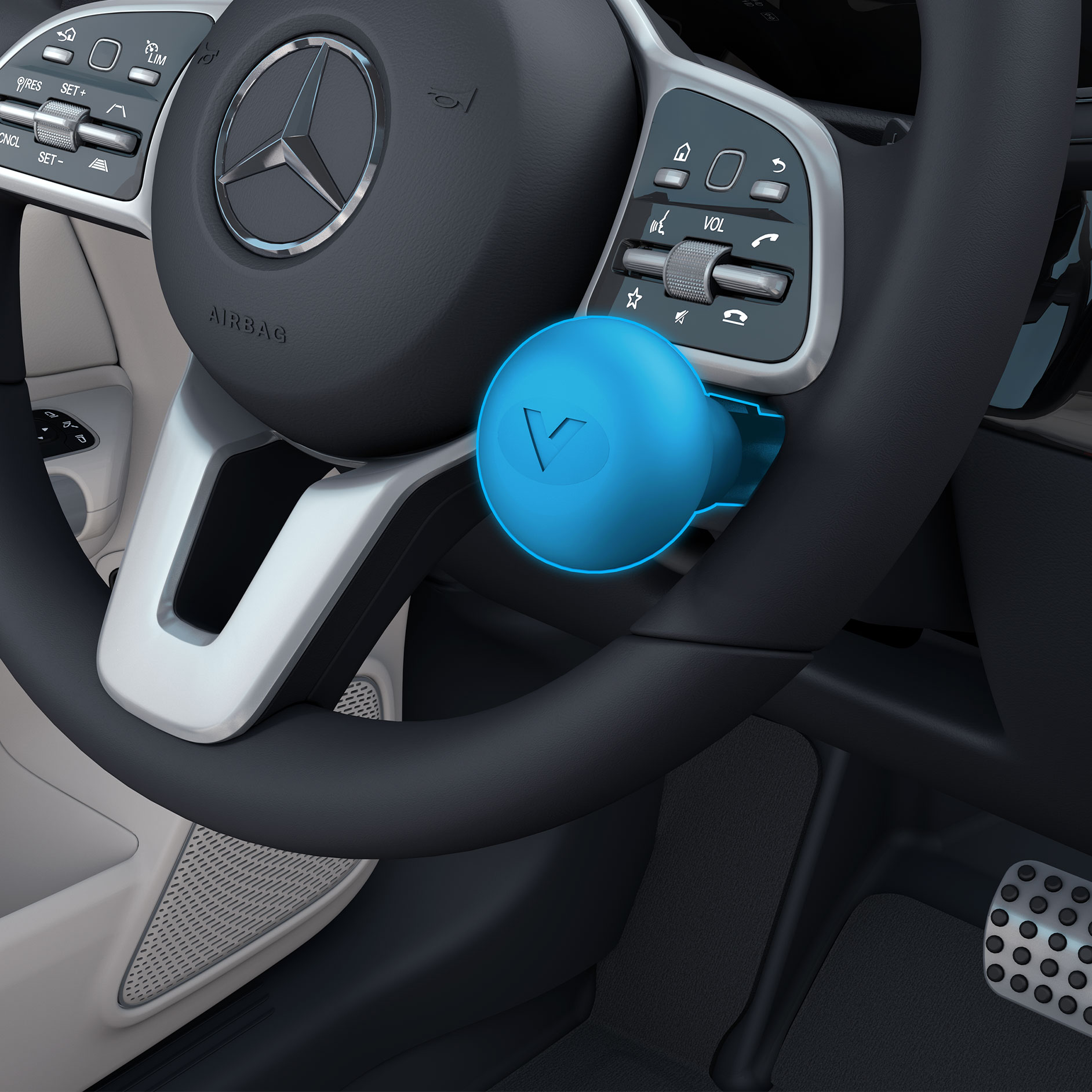 Madlo na volantu | Pomůcky pro jízdu | Mercedes-Benz Detailní pohled na madlo na volantu vpravo v kombinaci s vozidlem vhodným pro invalidy.