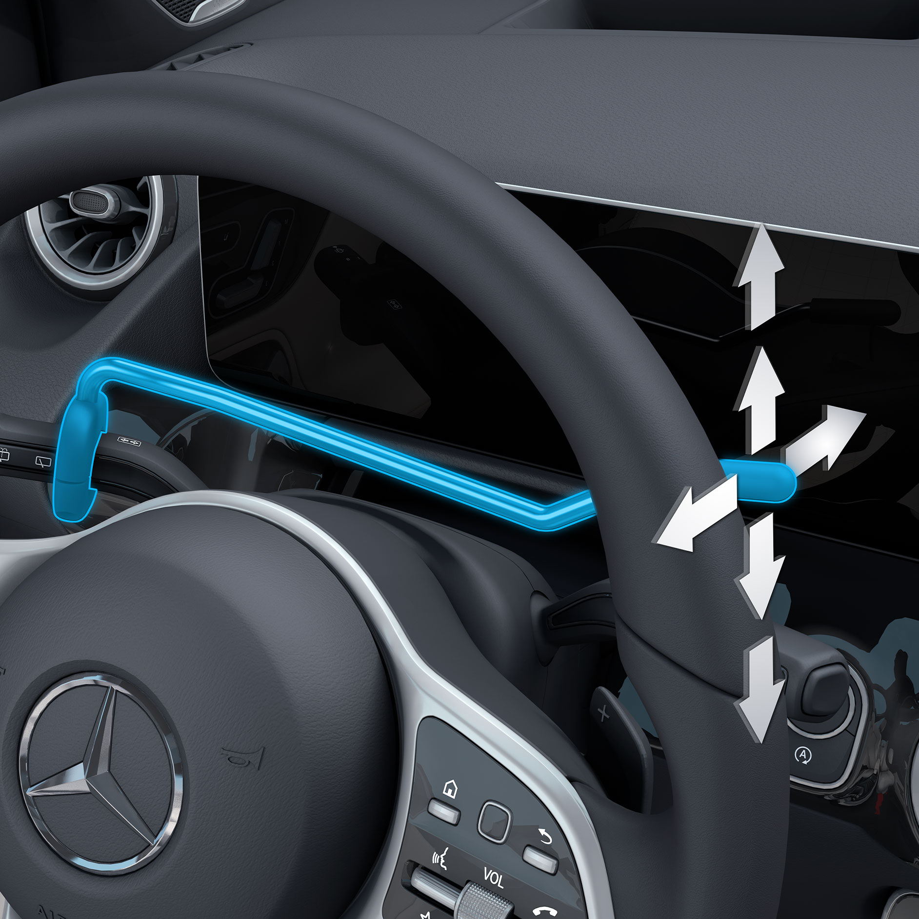 Přesunutý kombinovaný přepínač | Pomůcky pro jízdu | Mercedes-Benz Detailní pohled na přesunutý kombinovaný přepínač v kombinaci s vozidlem vhodným pro invalidy.