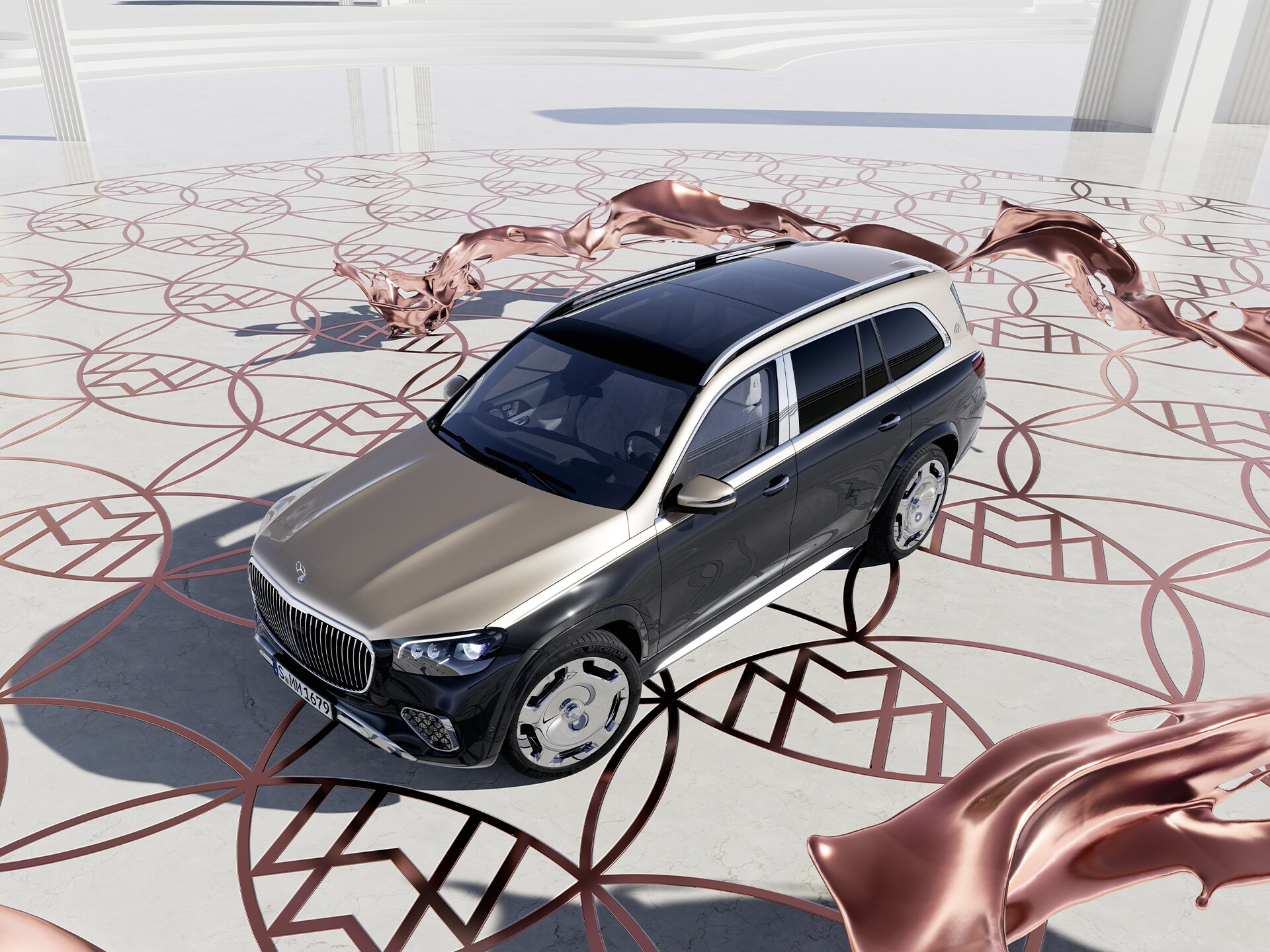 GLS SUV | Značka | Mercedes-Maybach Pohled shora na vozidlo Mercedes-Maybach GLS SUV.